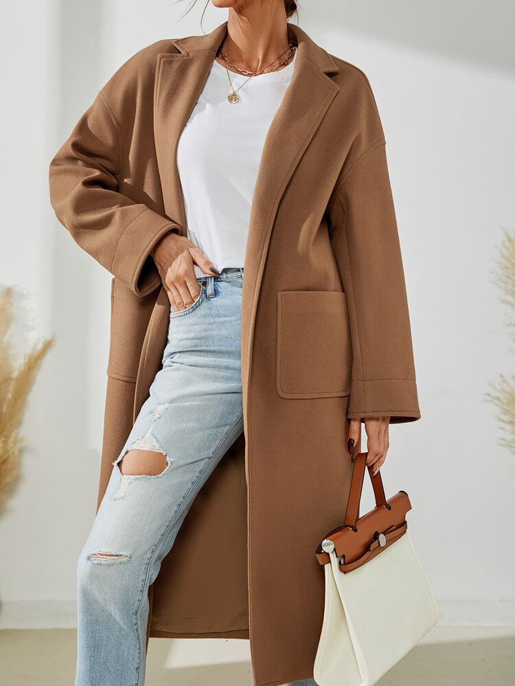 Drop Shoulder Pocket Patched Split Hem Overcoat | SHEIN