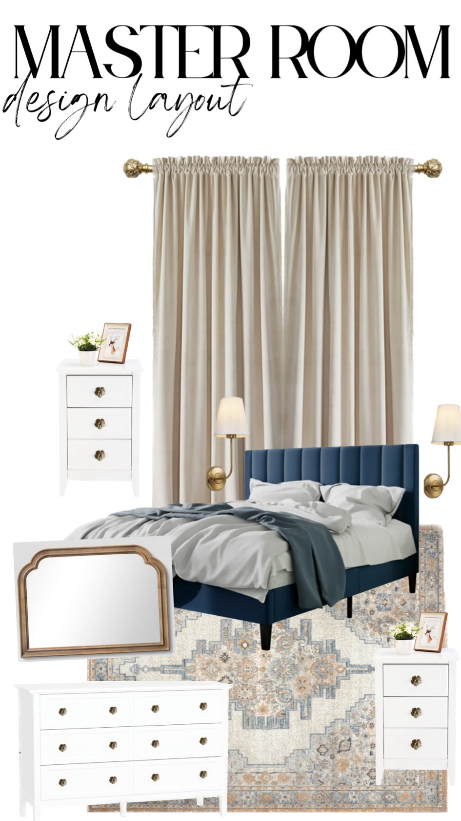 A rough draft of our master bedroom design layout curated by me! I really want to bring life to this vision so creating a design helps visualize the project. I’m leaning towards a grandmillenial with hints or neutral feel. It consists of a lot of texture and antique gold. I have linked all products below! ✨

home decor, home style, new home, grandmillenial, neutrals, good mirror, wayfair, target, overstock, curtains, amazon, amazon finds, Walmart, bedtime, light scones for wall, bedroom rug, white dresser, nightstands 

#LTKsalealert #LTKhome #LTKstyletip