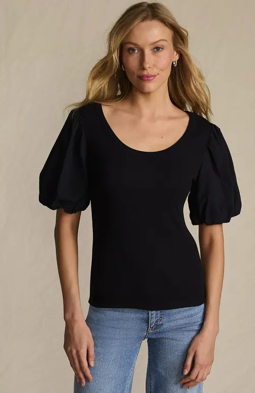 Lands' End Drapey Rib Puff Sleeve Scoop Neck Top in Black at Nordstrom, Size Small | Nordstrom