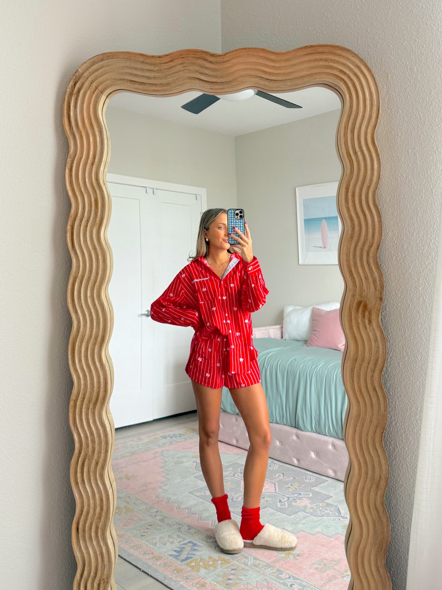 aerie cozy winter outfit idea- 40-50% off everything for cyber week. ❤️🎄 wearing an small in the pajamas 