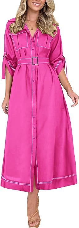 PRETTYGARDEN Women's Maxi Shirt Dress Casual 3/4 Sleeve Button Down Lapel V Neck A Line Belted Lo... | Amazon (US)