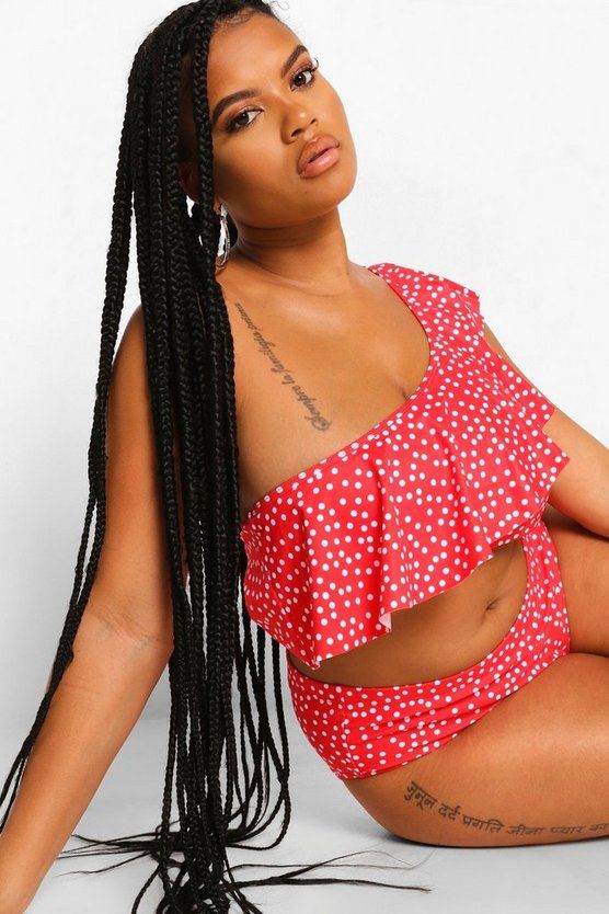 Plus Polka Dot One Shoulder Ruffle Bikini | Boohoo.com (US & CA)