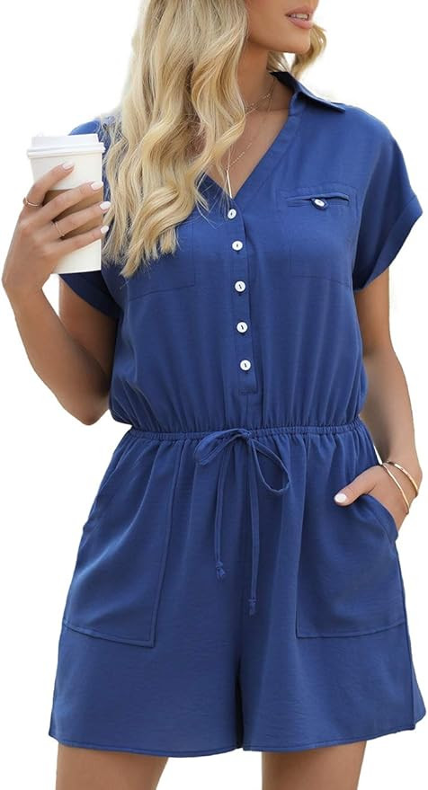 Vetinee Womens Summer Belted Romper Keywhole Back Short Sleeve Jumpsuit Playsuit | Amazon (US)
