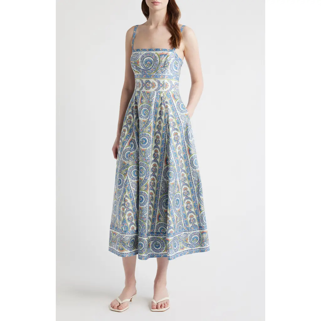 Hill House Home The Margot Stripe Fit & Flare Midi Dress in Corsica Paisley Blue at Nordstrom, Size Small | Nordstrom