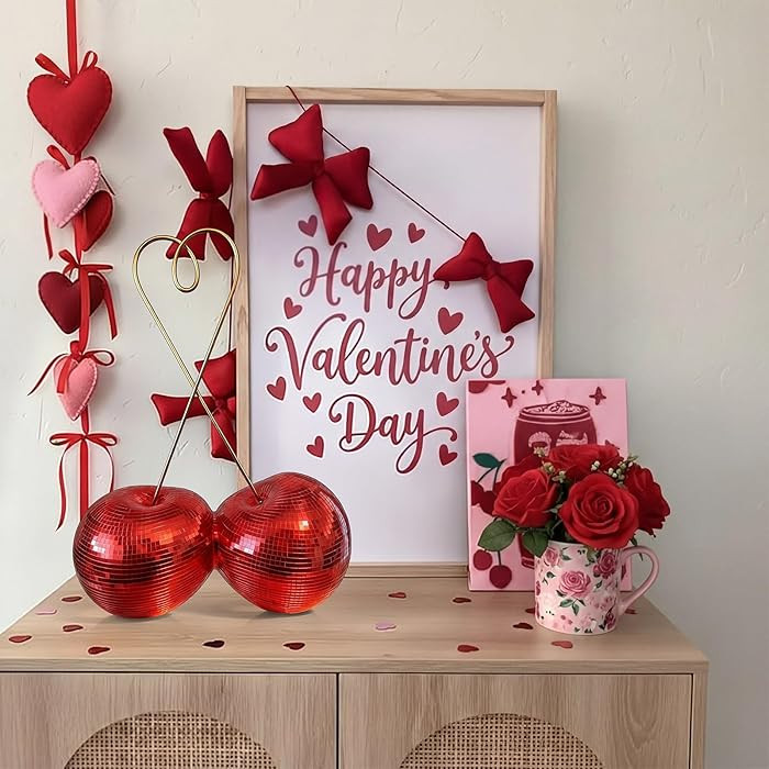 Kathfly Valentine's Day Cherry Disco Ball with Heart Stem 11.81" H Jumbo Double Cherry Valentines... | Amazon (US)