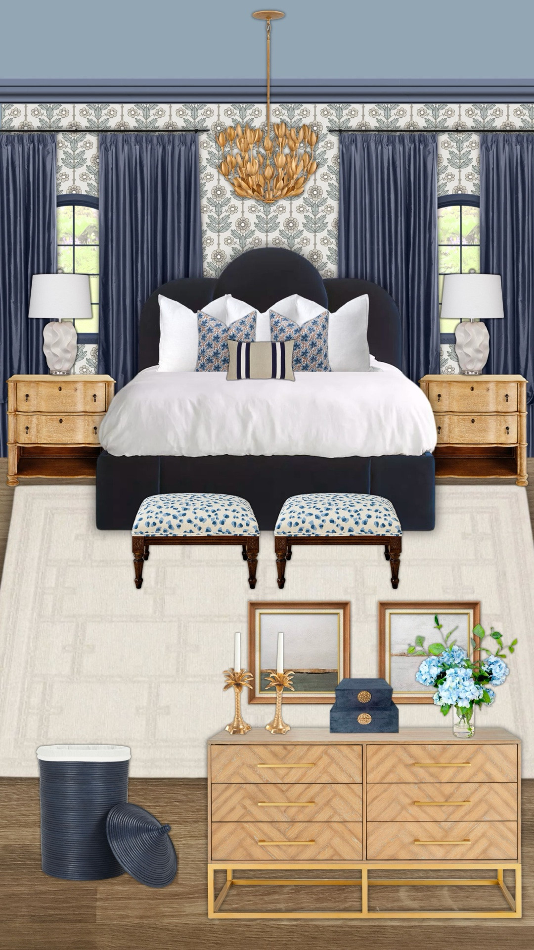 Love this navy bedroom design and render! Lots of color but still very vibey

#LTKdayinmylife #LTKHome #LTKSaleAlert