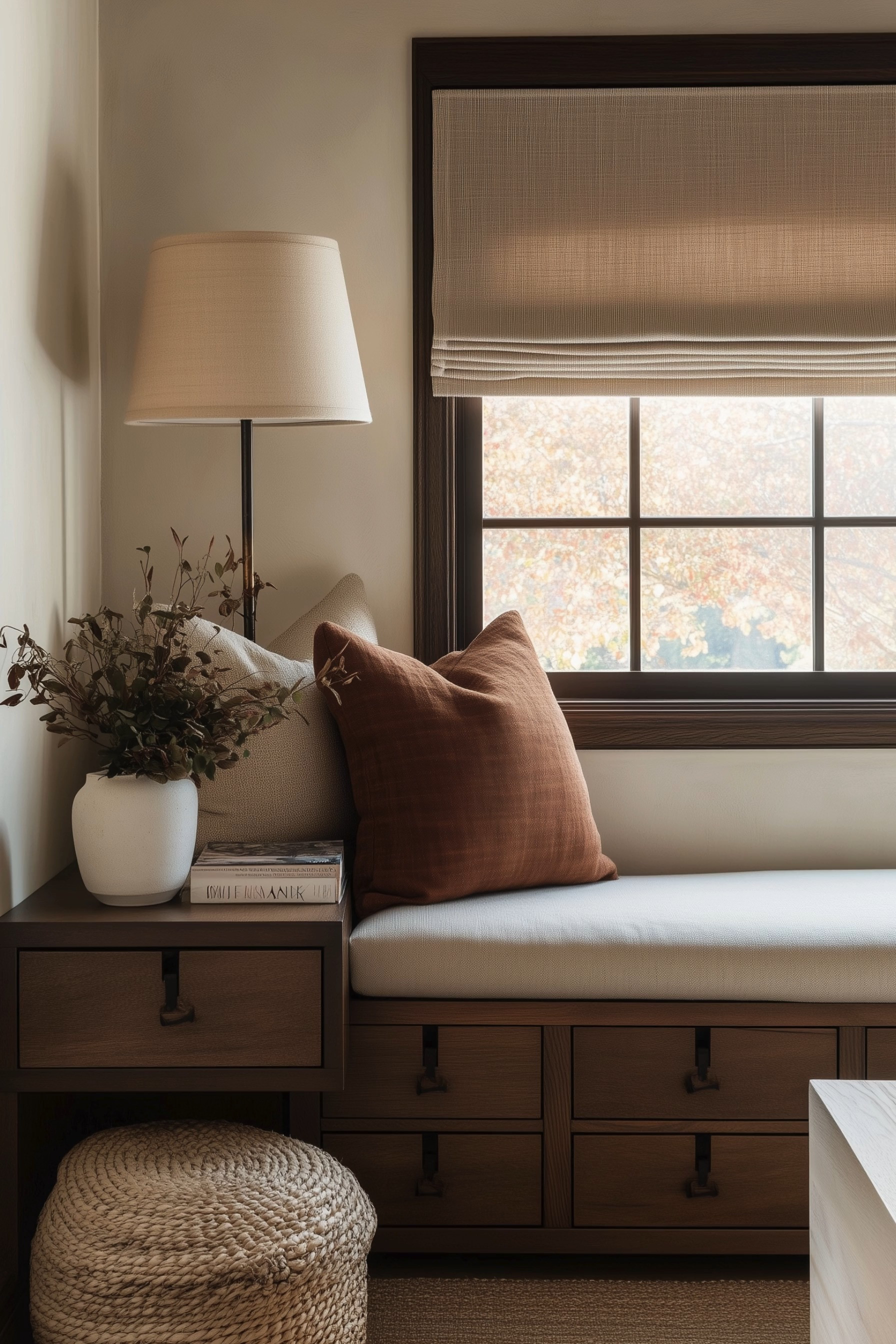 Cozy Fall Reading Nook Inspiration 🤎 This warm, organic modern window seat creates the perfect cozy corner with rich wood tones, creamy upholstery, rust brown throw pillows, and layered natural textures. A built-in storage bench adds both function and style, while the woven ottoman, linen Roman shade, slim floor lamp, ceramic vase, stacked books, and seasonal branches bring an effortlessly collected feel. The warm brown and cream palette makes this space beautiful inspiration for a fall home refresh, cozy reading nook, or timeless transitional living space.

🖤 If you want to see more content like this, FOLLOW maeveandmodern on LTK, Instagram, and Pinterest! Check out our blog where we post daily, maeveandmodern.com!

Cozy Reading Nook | Fall Home Decor | Fall Living Room | Window Seat Ideas | Built In Window Seat | Window Bench | Built In Storage | Organic Modern Decor | Warm Neutral Home | Transitional Interiors | Rust Throw Pillows | Brown Throw Pillows | Cream Upholstery | Roman Shades | Linen Roman Shade | Wood Trim | Dark Wood Decor | Woven Ottoman | Natural Texture Decor | Floor Lamp | Ceramic Vase | Coffee Table Books | Fall Branches | Cozy Corner Ideas | Small Space Styling | Designer Home Inspiration#LTKFindsUnder100

#LTKHome #LTKSaleAlert #LTKSeasonal #LTKHome #LTKSaleAlert