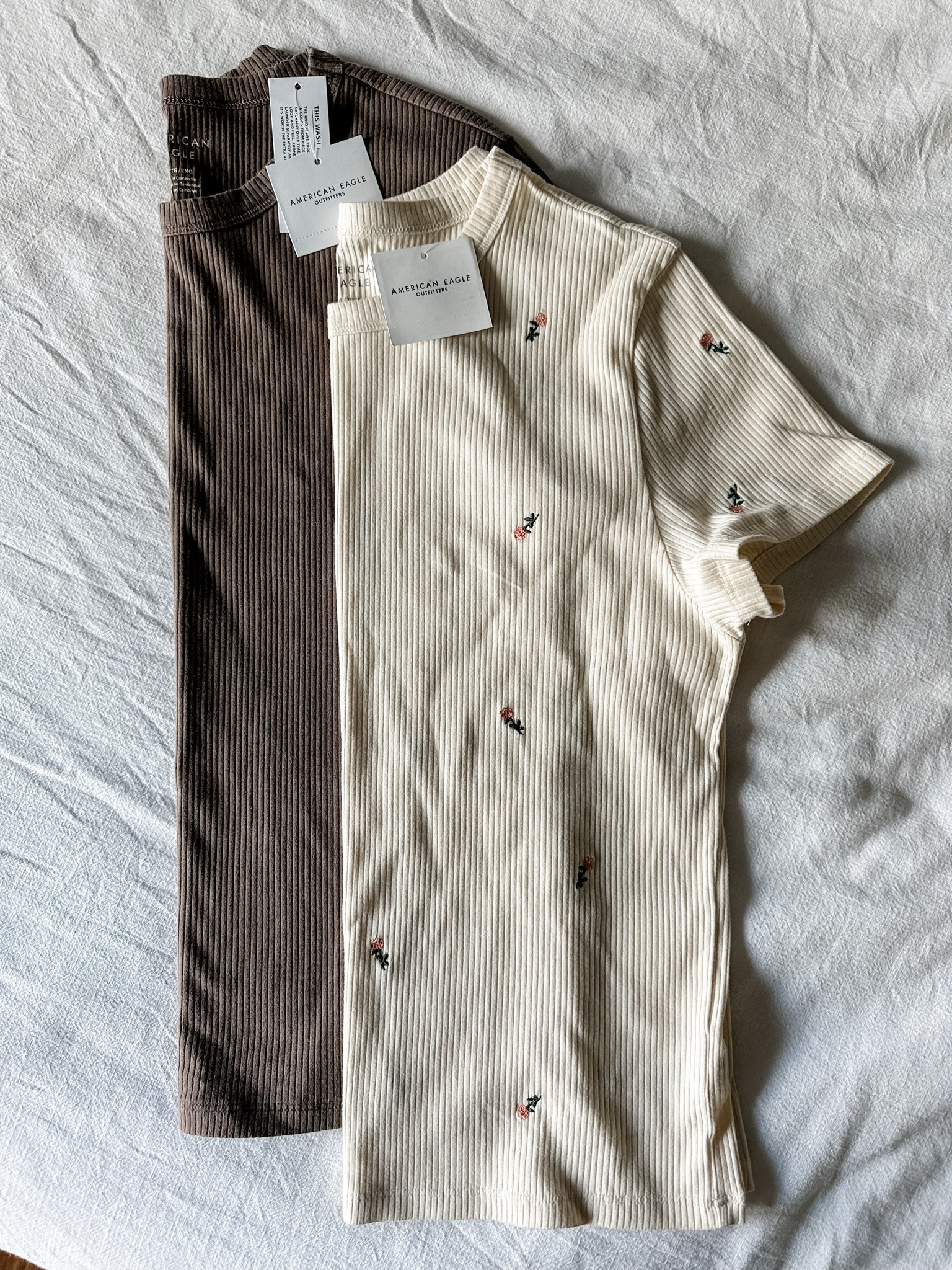 These basics are perfect for spring! I love the petite floral detail on the ivory top and I love the soft brown of the other top. 
**Size up if you want a looser fit! 

#LTKFindsUnder50 #LTKStyleTip #LTKSaleAlert