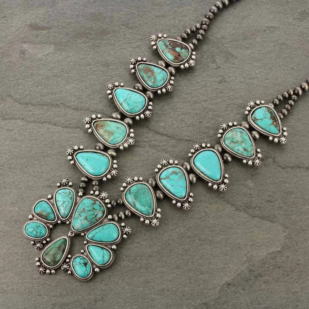 Full Squash Blossom Natural Turquoise Necklace - Etsy | Etsy (US)
