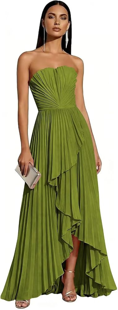 Strapless Bridesmaid Dresses for Women 2026 Pleated Satin Hi-Lo Formal Dress for Wedding Guest | Amazon (US)