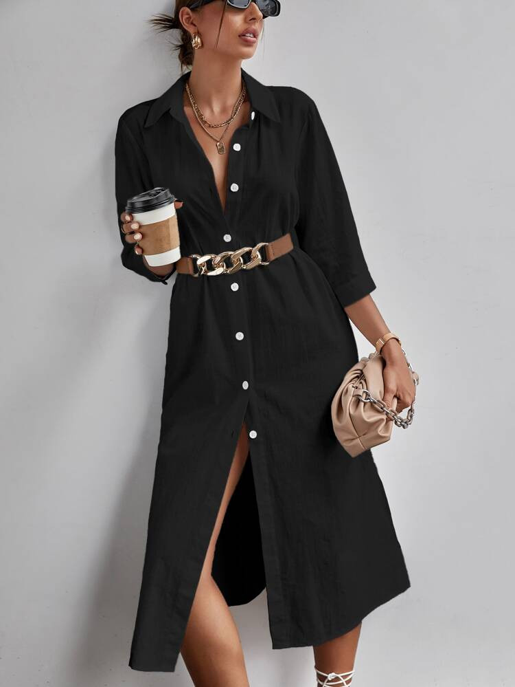 Solid Button Through Belted Denim Dress | SHEIN