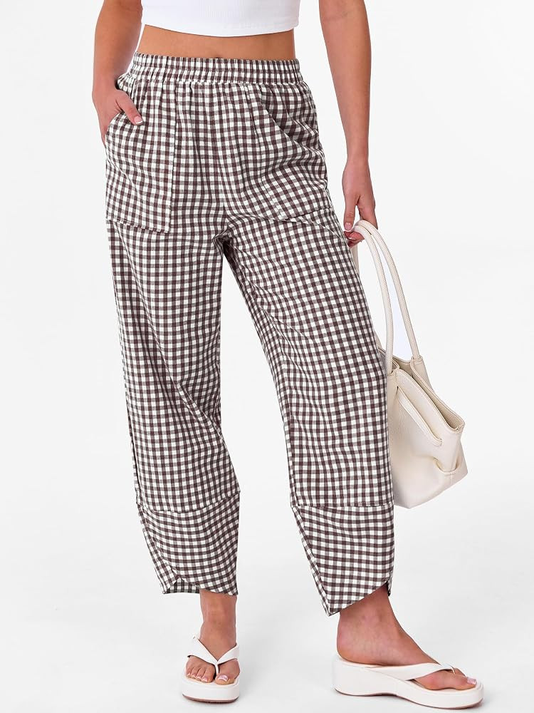 ANRABESS Womens Striped Gingham Pants Summer Lounge Cute PJ Bottom Plaid Pants Casual Wide Leg Be... | Amazon (US)