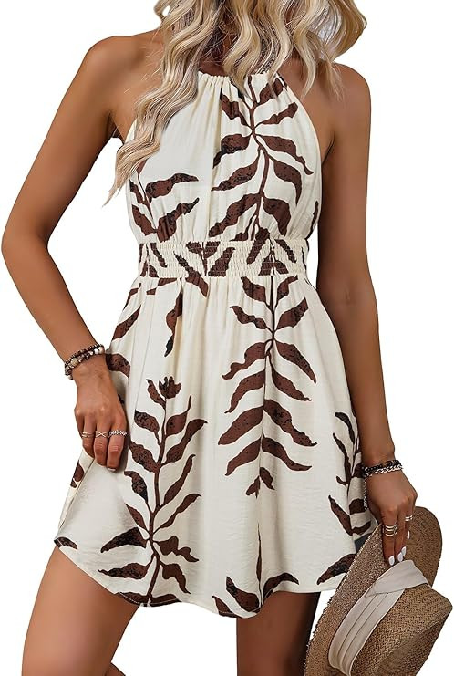 BLENCOT Womens Summer Beach Halter Neck Dresses Casual Smocked A Line Floral Mini Dress with Pock... | Amazon (US)