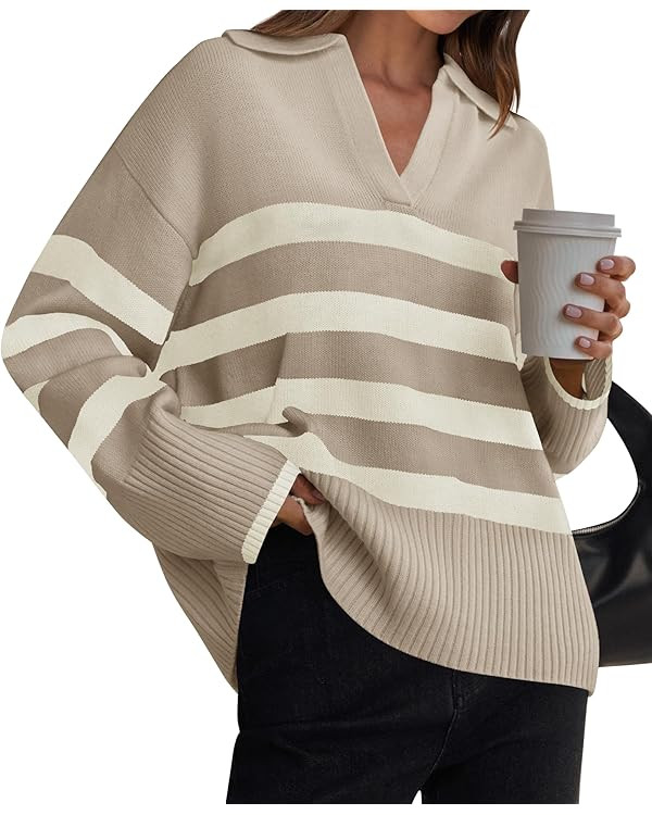 ZESICA Women's 2024 Winter Sweaters Lapel V Neck Long Sleeve Striped Chunky Knit Oversized Pullov... | Amazon (US)