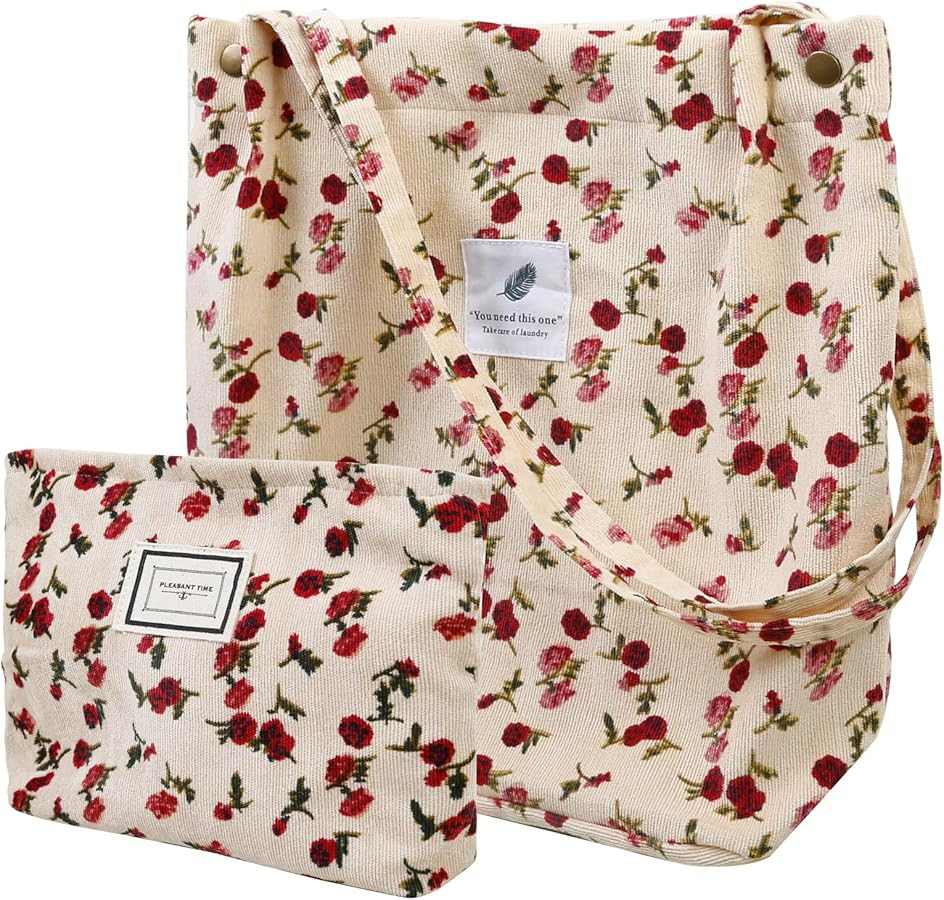 Corduroy Tote Bag for Women Canvas Shoulder Cord Purse for Office School Shopping Travel | Amazon (US)