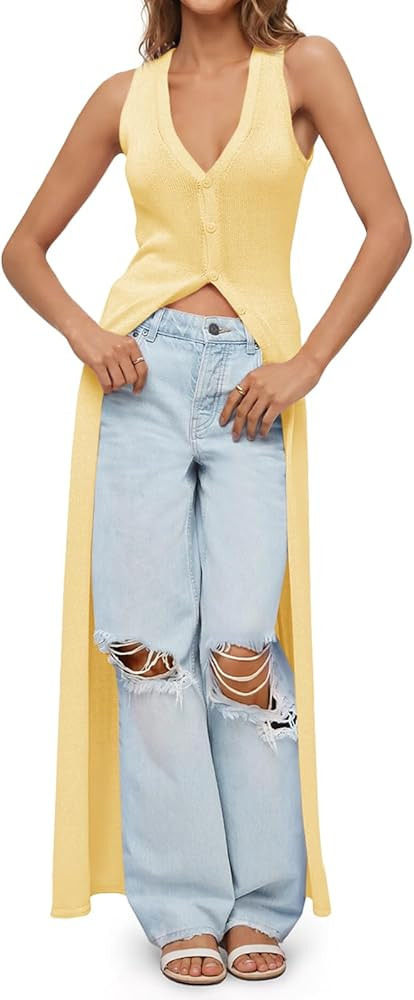 Saodimallsu Womens Long Cardigans Sleeveless V Neck Button Lightweight Knit Duster Vest Top Beach... | Amazon (US)
