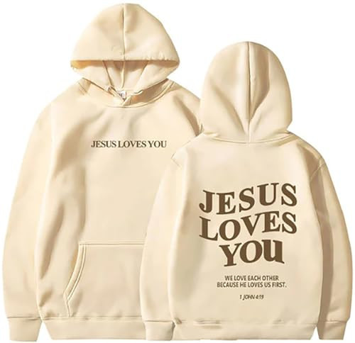 PANOZON Jesus Loves You Hoodie Christian Faith Religious God Tops Man Woman Pullover Sweatshirt Longsleeve Streetwear(Beige,2XL) | Amazon (US)