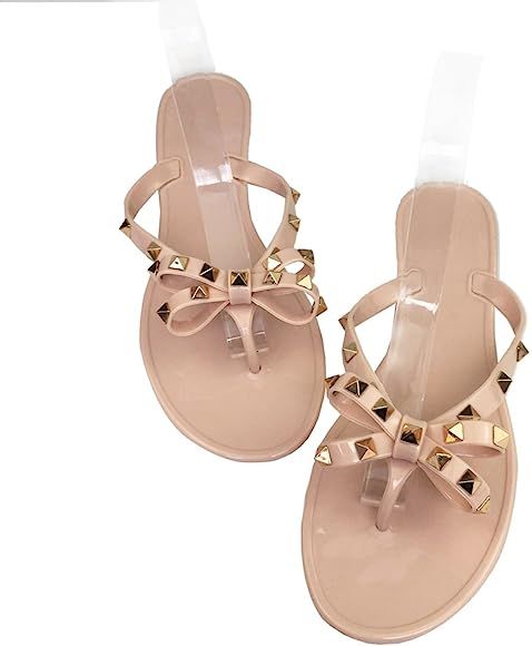 Womens Rivets Bowtie Flip Flops Jelly Thong Sandal Rubber Flat Summer Beach Rain Shoes | Amazon (US)