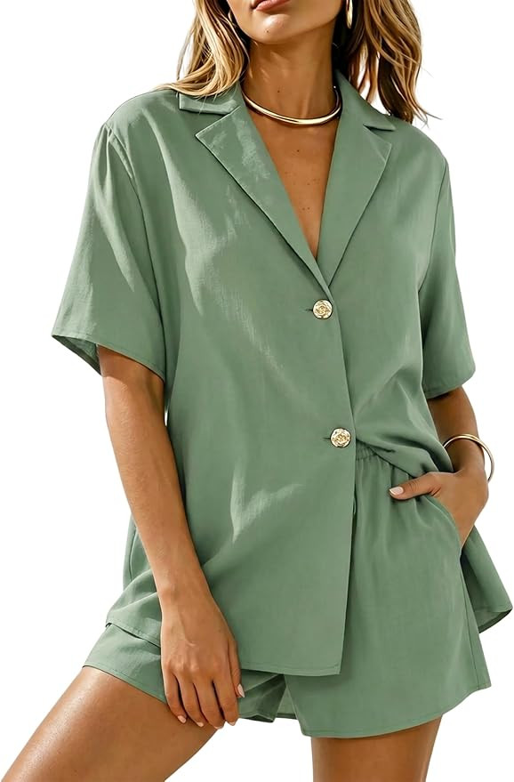 APAFES Women 2 Piece Set Button Down Shirt Shorts Sets Summer Two Piece Outfits Beach Vacation Ca... | Amazon (US)