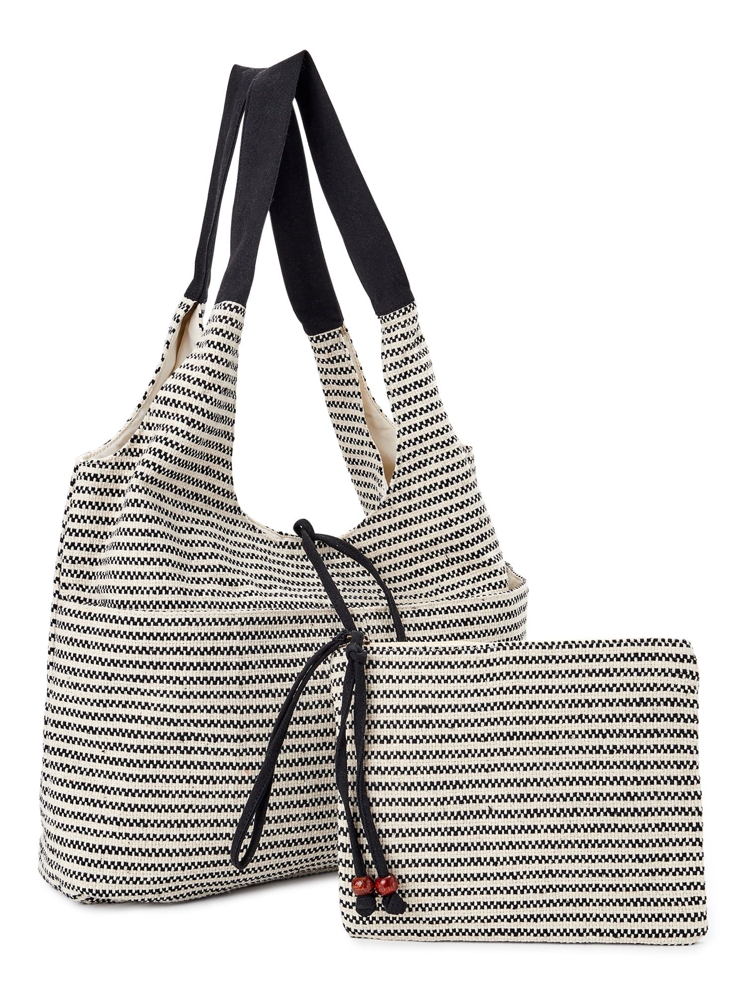 Time and Tru Women's Woven Beach Tote and Pouch, 2-Piece Set Black White | Walmart (US)