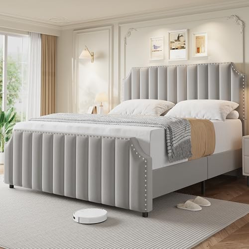 King Size Velvet Bed Frame, Vertical Channel Tufted 50.2 in Tall Headboard and Footboard with Nailhead Trim, Upholstered Platform Bed, Strong Wooden Slats, No Box Spring Needed, Easy Assembly, Grey | Amazon (US)