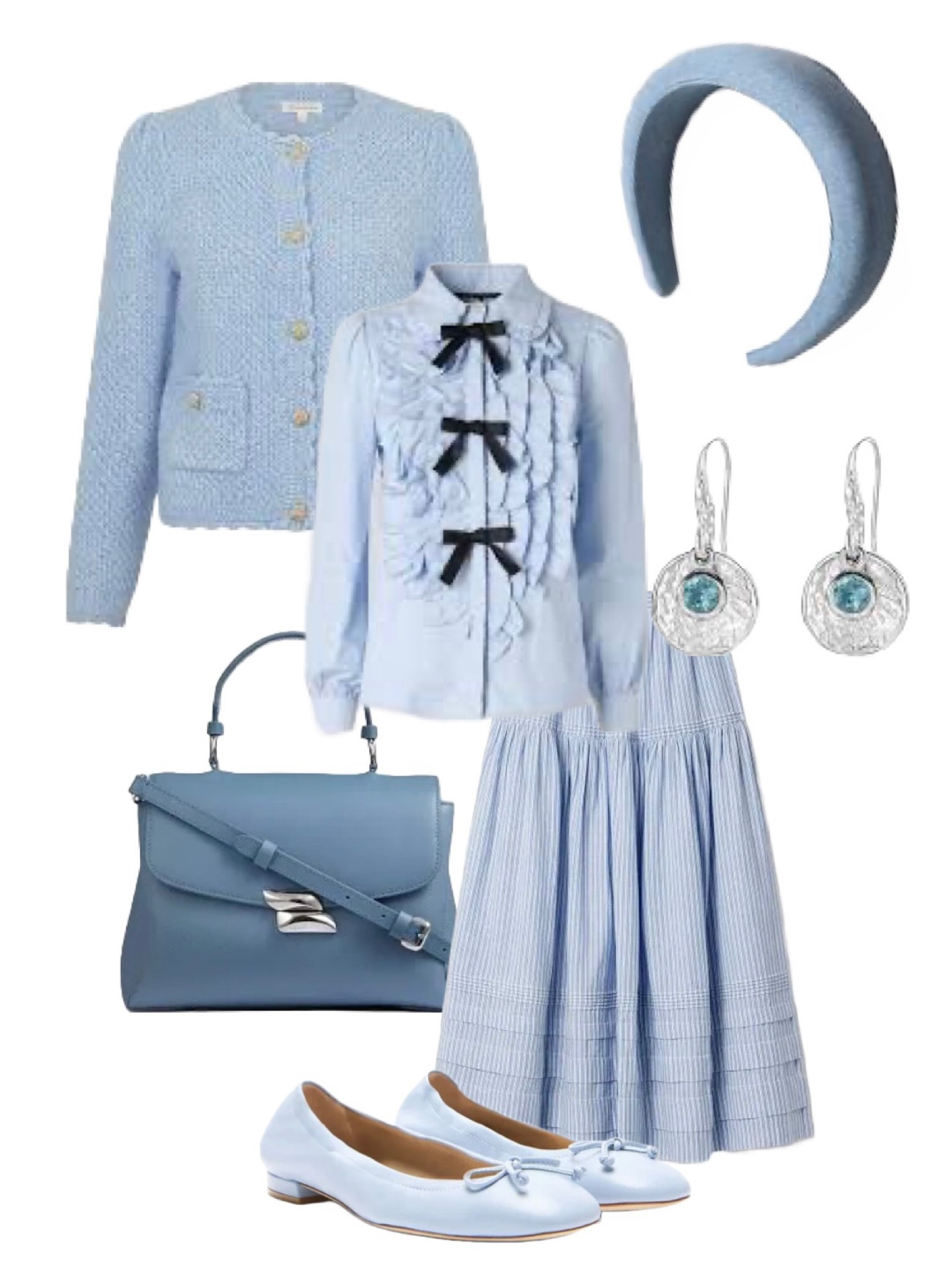 Blue Monday favourites- blue Suki cardigan by Monsoon, blue denim headband by And Other Stories, Sterling Silver Hammered Disc and Blue Topaz Drops by Dower and Hall, Blue Shirt with Black Bows by Sister Jane, Blue Midi Skirt by Doên at Net a Porter, Blue Leather Handbag by LK Bennett, Blue Flats by Stuart Weizmann

#LTKspring #LTKeurope #LTKuk