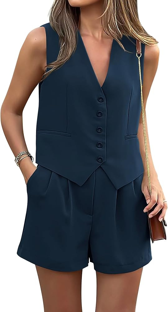 PRETTYGARDEN Women Summer 2 Piece Outfits V Neck Sleeveless Button Down Vest Shorts Sets Business... | Amazon (US)