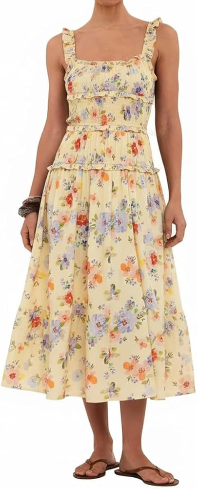 Women Spaghetti Strap Maxi Dress Sleeveless Smocked Summer Dresses Ruffle Tiered Flowy Beach Vaca... | Amazon (US)