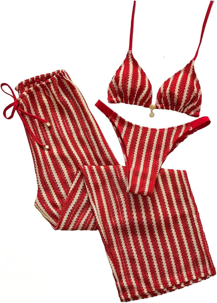 Milumia Women's 3 Piece Crochet Swimsuits Striped Halter Triangle Bikini Set with Cover Up Pants | Amazon (US)