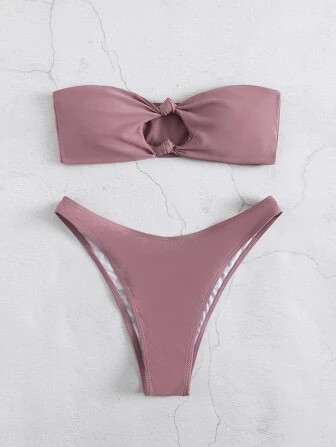 Solid Bikini Set Knot Decor Bandeau Top & High Cut Bottom 2 Piece Bathing Suit | SHEIN