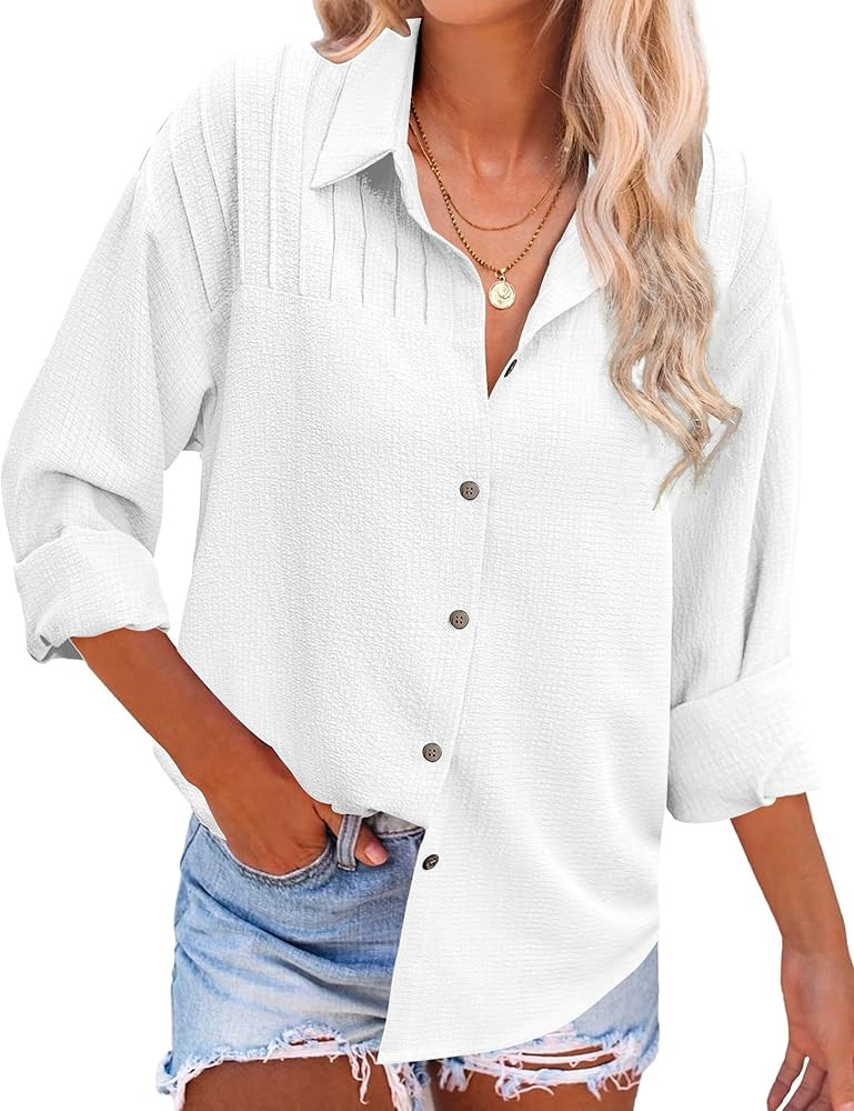 HOTOUCH Button Down Shirts for Women Casual Pleated Long Sleeve Shirt Textured Loose Fit Collared... | Amazon (US)