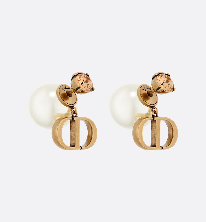 Dior Tribales Earrings Antique Gold-Finish Metal with White Resin Pearls and Topaz-Colored Crysta... | Dior Couture