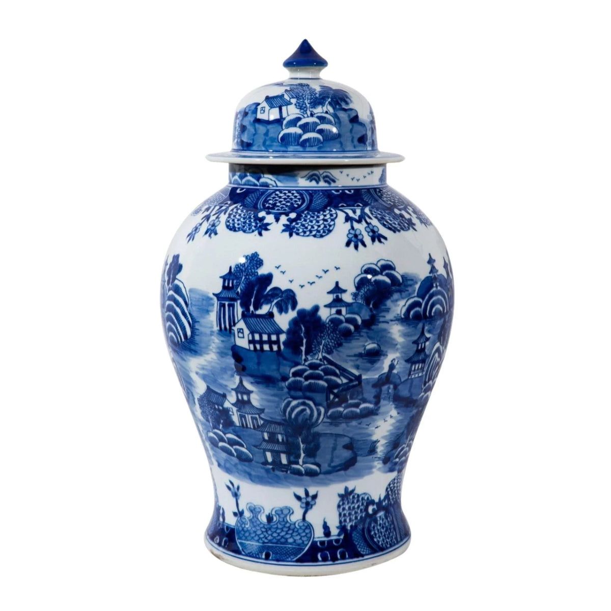 Large Blue and White Mountain Pagoda Porcelain Temple Jar | The Well Appointed House, LLC