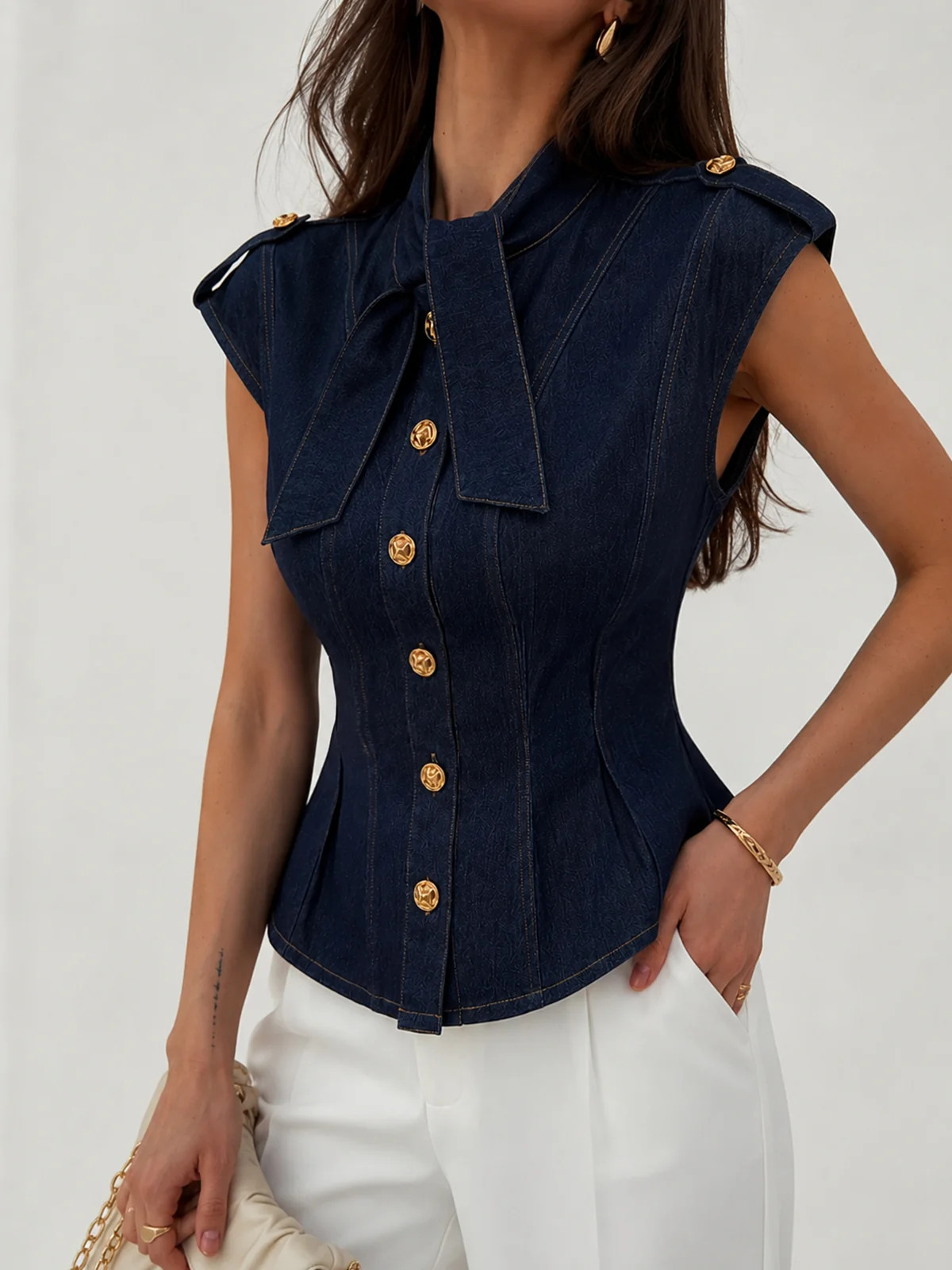 Tie Neck Epaulette Waist-Cinched Denim Blouse | Commense