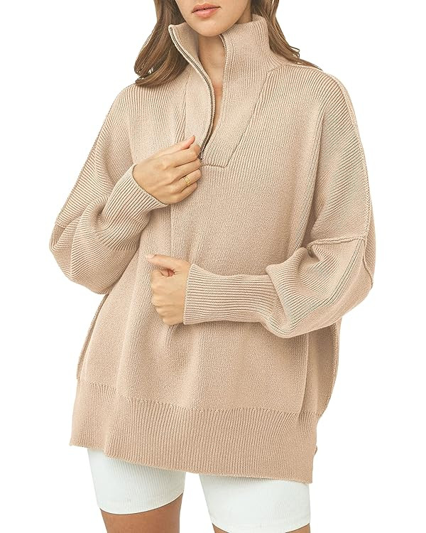 PRETTYGARDEN Women's 2023 Fall Pullover Oversized Sweaters Casual Long Sleeve Zip Up Collared Win... | Amazon (US)