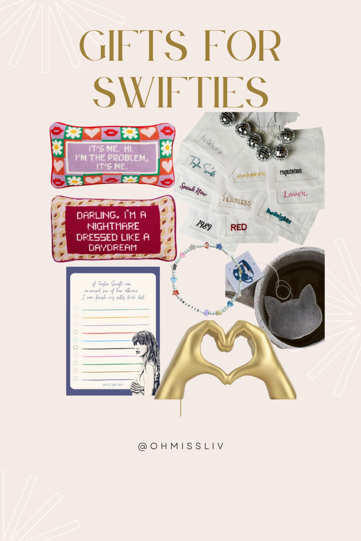 Gifts for the Taylor Swift fan in your life 🫶🏻 Swifties Stocking Stuffers Gift Guide for the fangirl sisters, cousins, aunts, grandma, tween girls, teen girls

Swiftie TS Lyrics Needlepoint Throw Pillows Anti-Hero To Do List on Etsy Thru the Eras Embroidered Cocktail Napkins Cat Shaped Tea Bag Stocking Stuffer Customized Eras Tour Friendship Bracelet Choker Necklace Amazon Prime Heart Hand hearthand Gold Statue for Friendship Bracelets

#LTKHoliday #LTKfindsunder50 #LTKGiftGuide