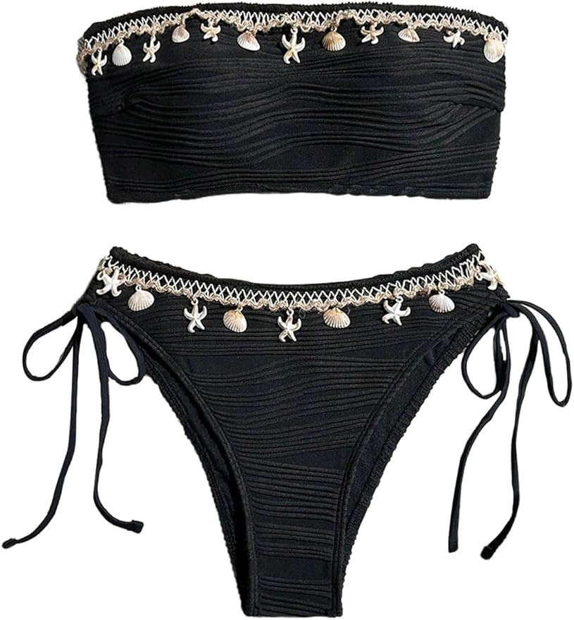 GORGLITTER Women's Shell Bikini Strapless Bandeau Swimsuit Drawstring High Cut Bathing Suits | Amazon (US)