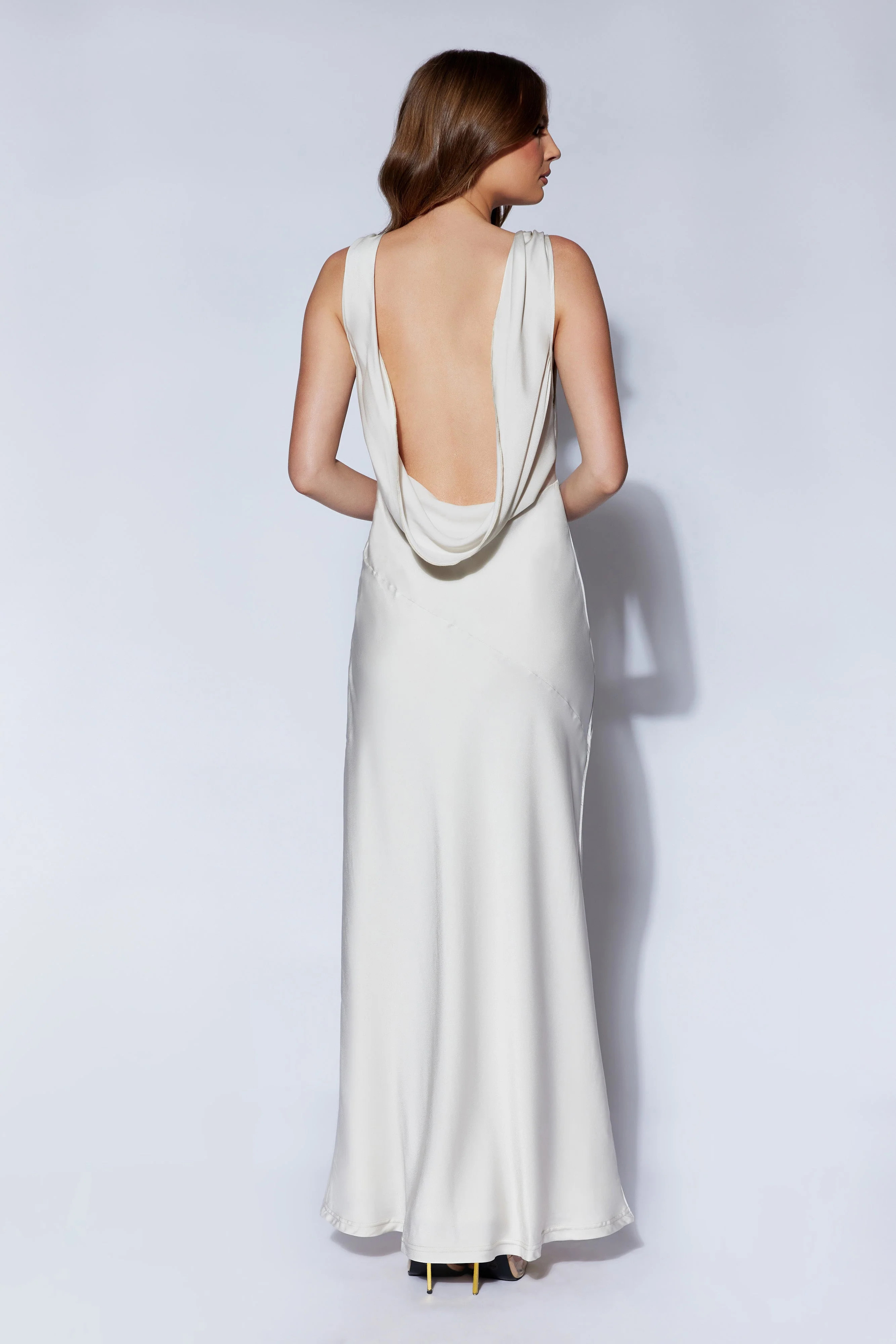 Nadia Maxi Satin Dress With Back Cowl - Silver | MESHKI US