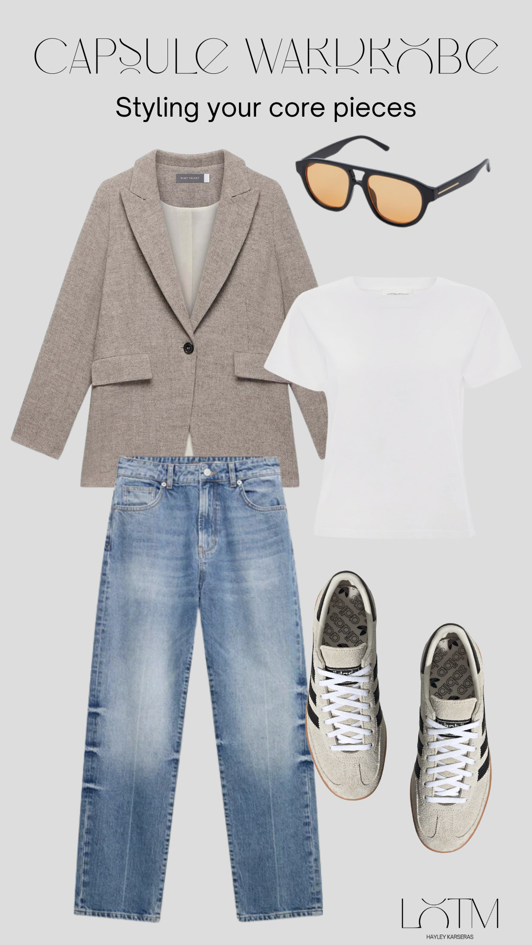 Styling my capsule wardrobe, herringbone blazer, white t-shirt, blue jeans, adidas sambas, tinted glasses. 

 

#LTKuk #LTKeurope #LTKstyletip