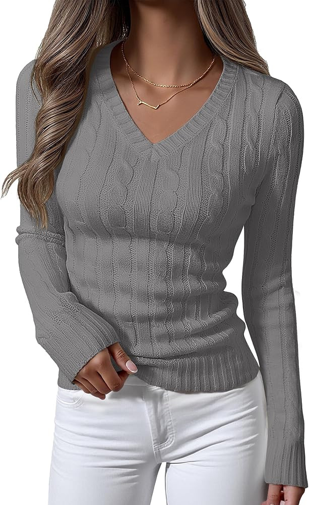 ANRABESS Womens Long Sleeve Cable Knit Sweater 2025 Fall Fashion V Neck Fitted Pullover Top Busin... | Amazon (US)