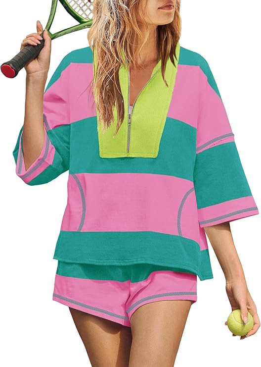 Yanekop Womens 2 Piece Outfits Summer Striped Workout Set Oversized Matching Lounge Sets Quarter ... | Amazon (US)