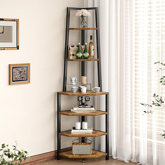 VECELO 6 Tier Corner Shelf 69 Inch Industrial Bookshelf with Metal Frame, Multipurpose Tall Plant... | Amazon (US)