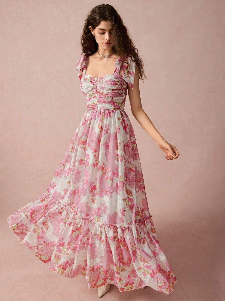 Enchnt Autumn Romantic Women's Pink Floral Print Ruffle Sweetheart Sleeveless Elegant Dress With Ruffle Hem,Fall Holiday Women Dresses | SHEIN