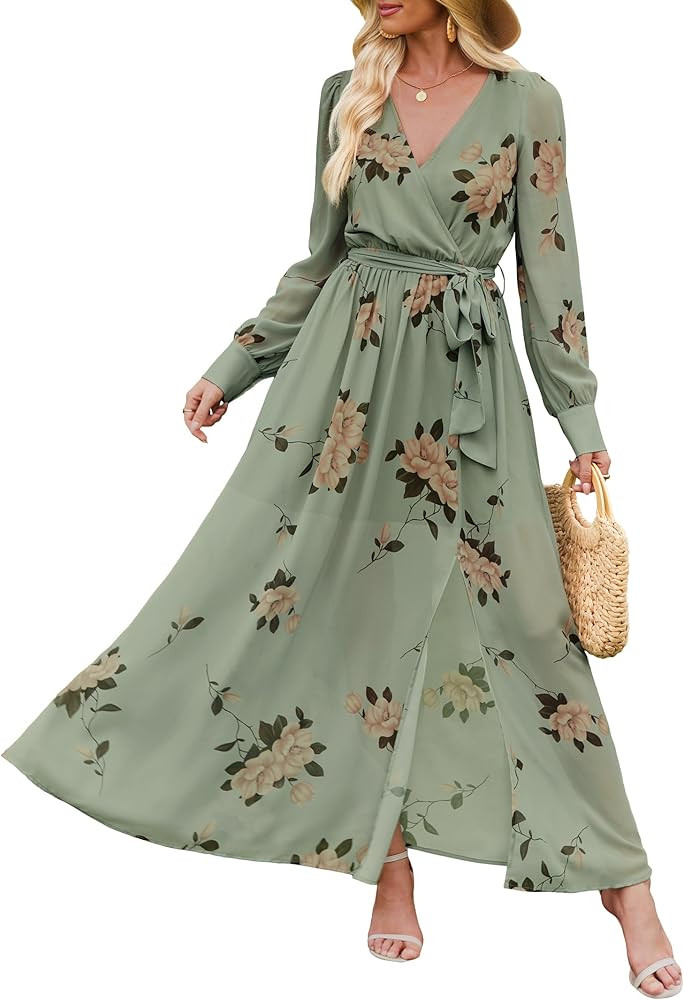 ANRABESS Women’s Long Sleeve Floral Maxi Dress Boho Flowy Wrap Slit V Neck Beach Fall Wedding G... | Amazon (US)