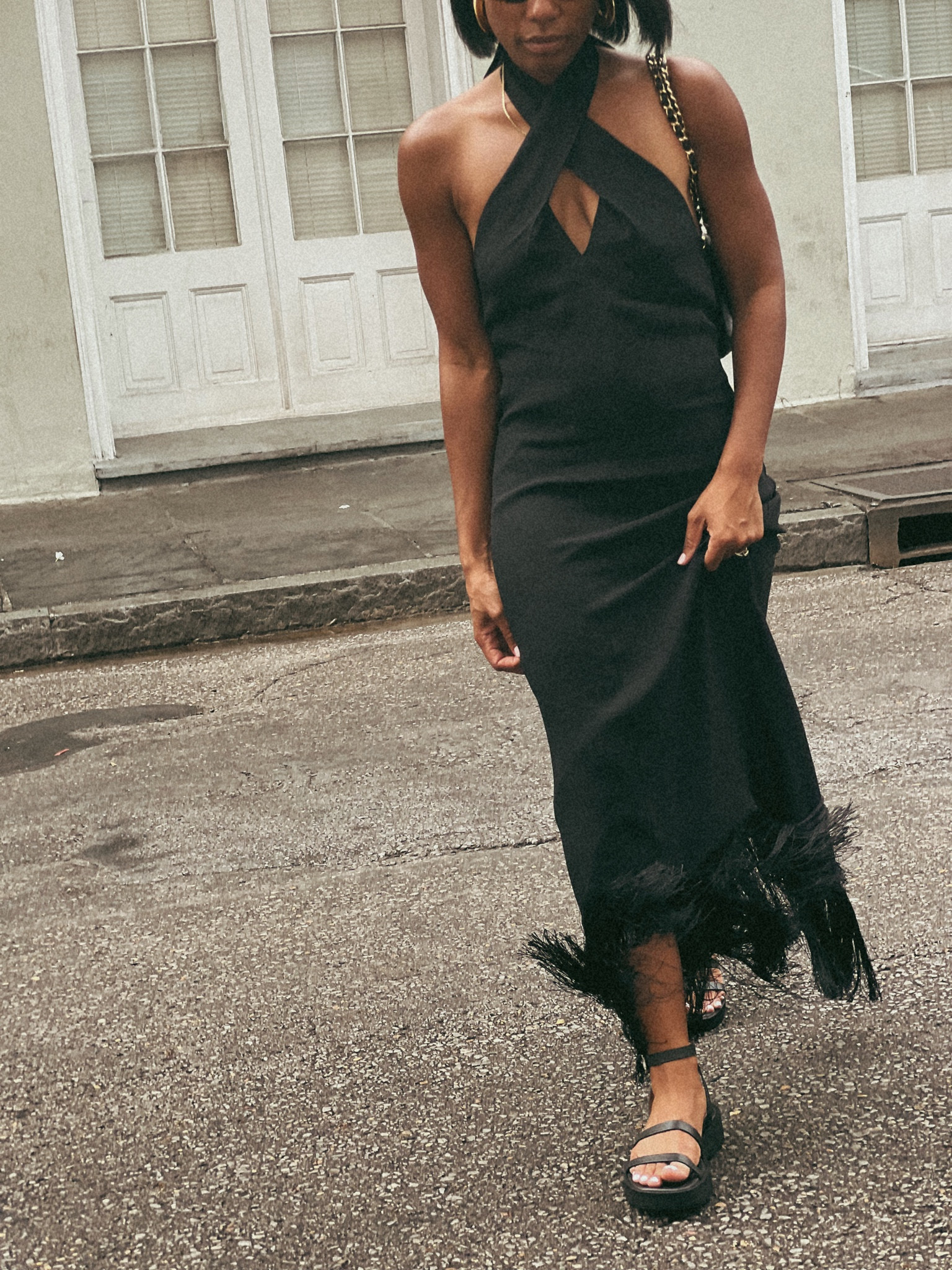 Black fringe dress and black mini platform sandals 

#LTKstyletip #LTKFind #LTKshoecrush