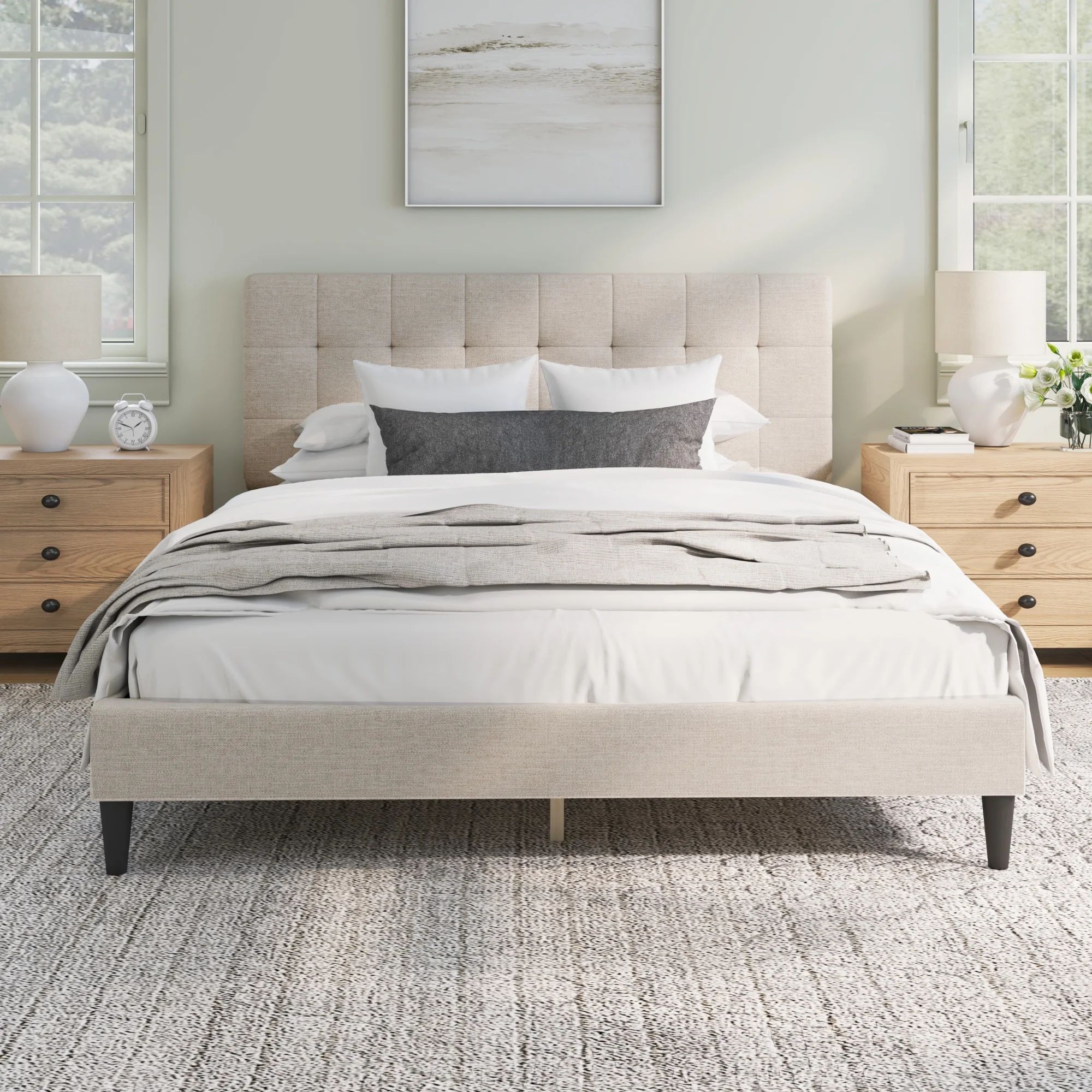 Mainstays Hillside Square Tufted Upholstered Queen Bed, Ivory Fabric | Walmart (US)