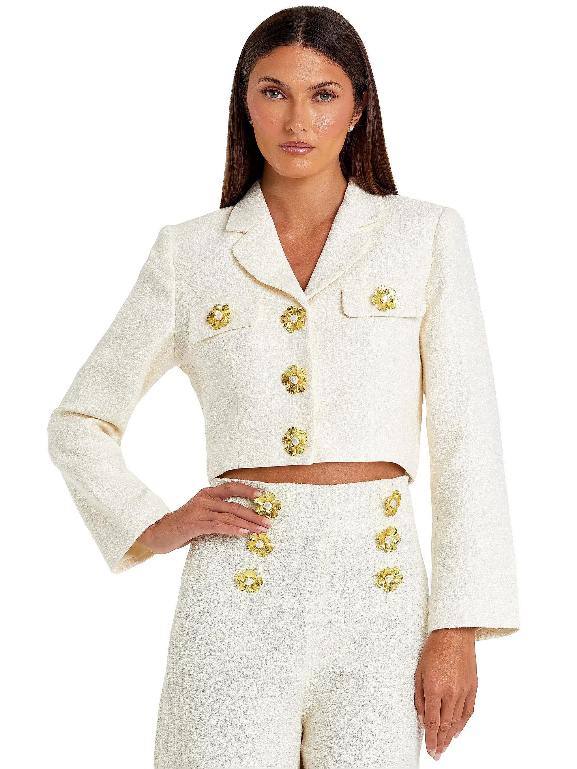 Tweed Floral-Button Crop Blazer | Saks Fifth Avenue