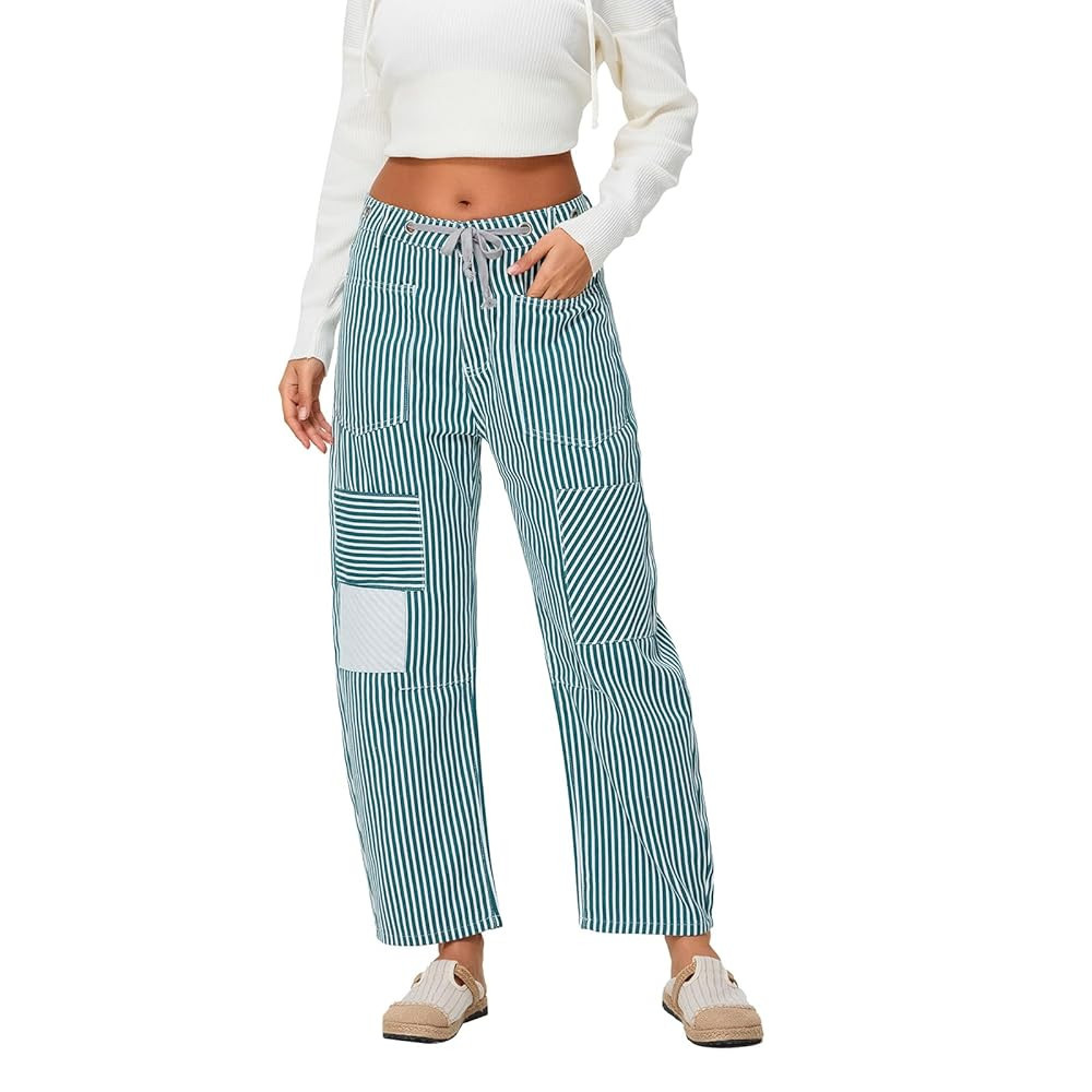 Baggy Barrel Jeans for Women Y2k Striped Drawstring High Waist Straight Wide Leg Boyfriend Jeans ... | Amazon (US)