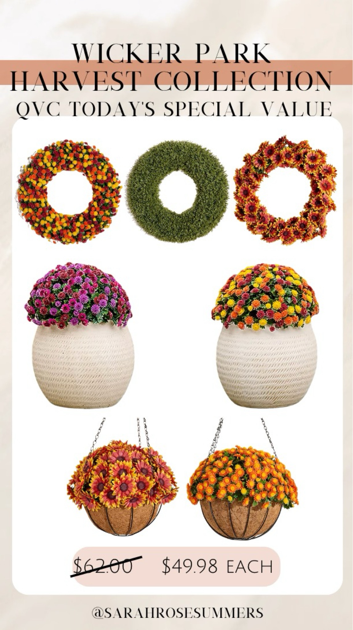 QVC today’s special value. Wicker Park indoor/outdoor harvest faux floral collection. Faux mum wreath, faux sunflower wreath, faux cedar wreath. Faux mum or sunflower hang ing basket. Faux mum spheres, faux sunflower spheres, faux cedar spheres. On sale today only 9/5. 

#LTKSaleAlert #LTKSeasonal #LTKHome