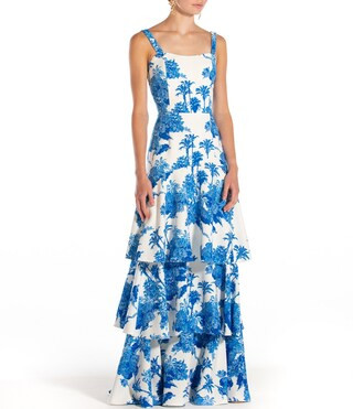 Torero Palm Toile Print Square Neck Shoulder Strap Tiered Ruffled Maxi Dress | Dillard's